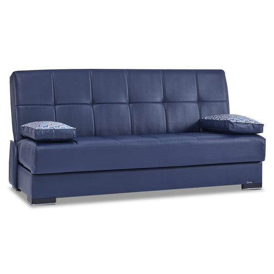 75" Blue Faux Leather Convertible Futon Sleeper Sofa And Toss Pillows With Brown Legs