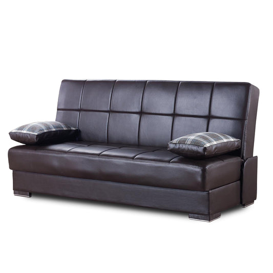 75" Dark Brown Faux Leather Sleeper Sofa And Toss Pillows With Brown Legs