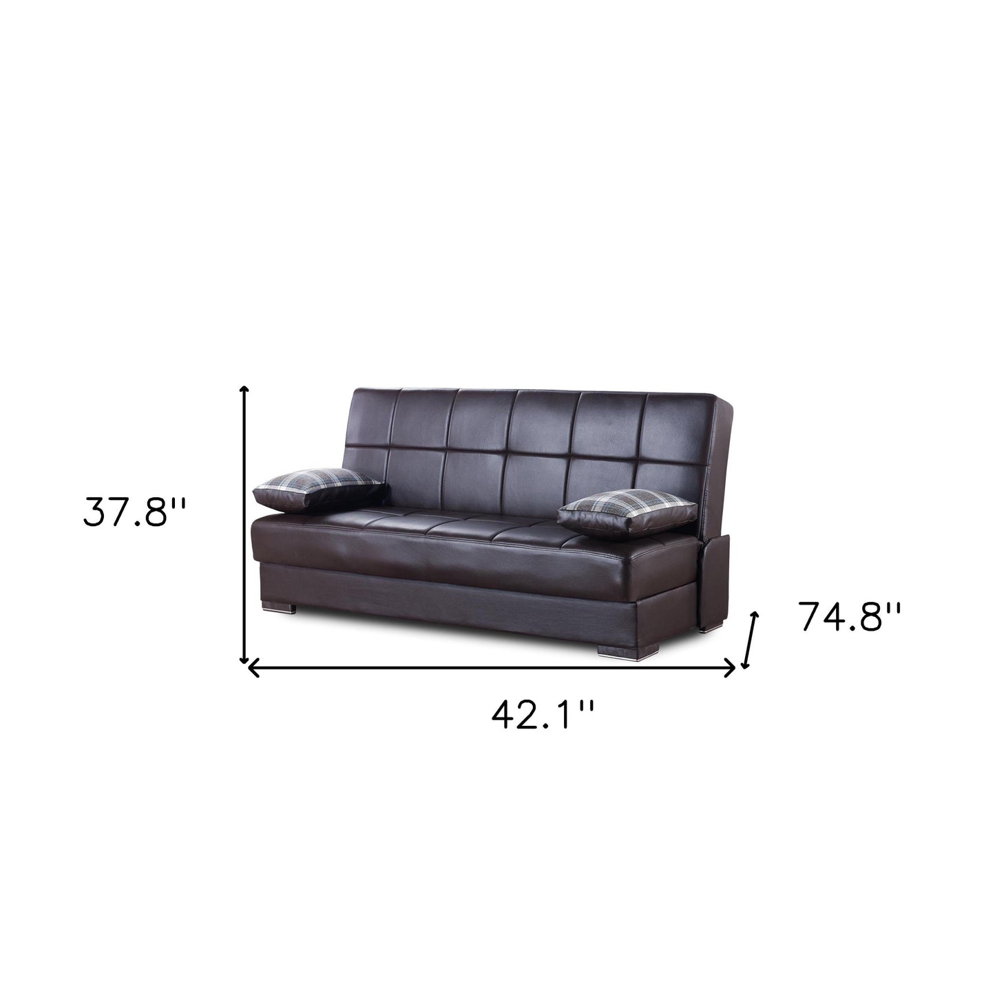 42" Brown Faux Leather And Brown Convertible Futon Sleeper Sofa With Toss Pillows