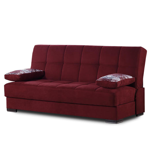 42" Burgundy Chenille And Brown Convertible Futon Sleeper Sofa With Toss Pillows