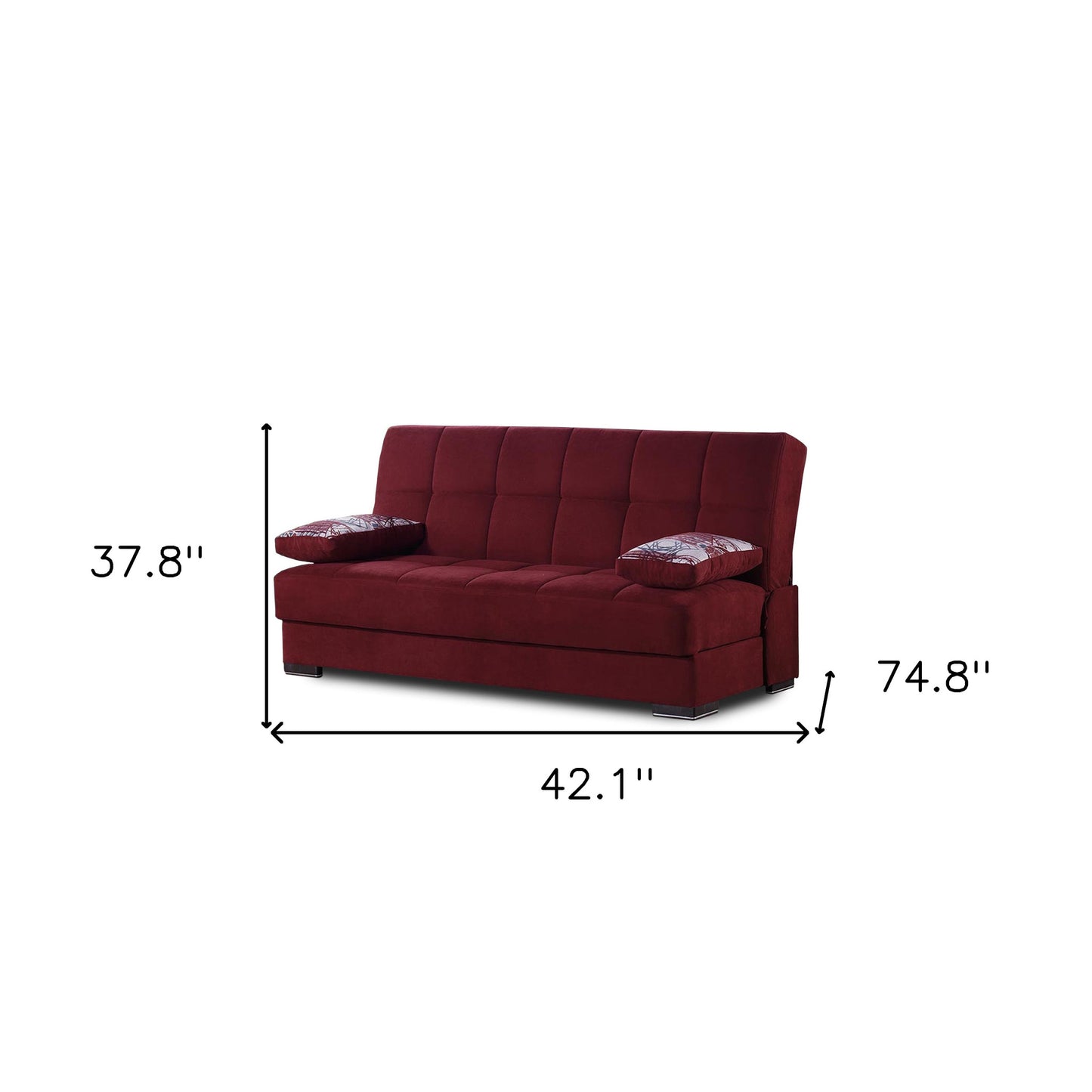 75" Red Chenille Sleeper Sofa And Toss Pillows With Brown Legs