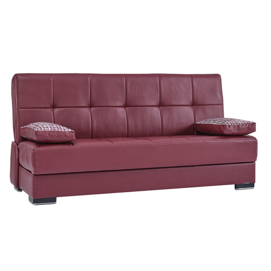 75" Burgundy Faux Leather And Brown Convertible Futon Sleeper Sofa With Two Toss Pillows