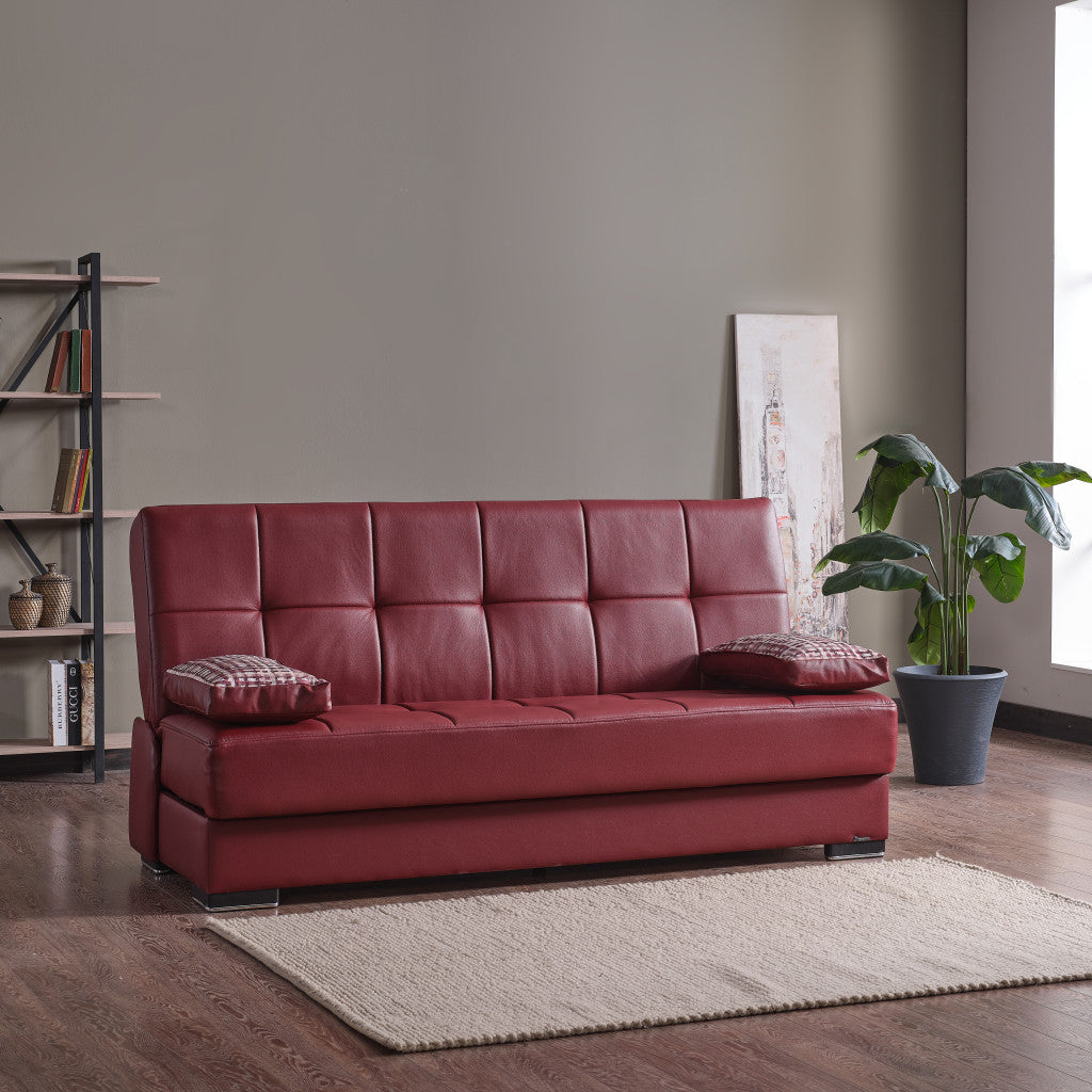 75" Burgundy Faux Leather And Brown Convertible Futon Sleeper Sofa With Two Toss Pillows