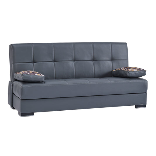 75" Gray Faux Leather Convertible Futon Sleeper Sofa And Toss Pillows With Brown Legs