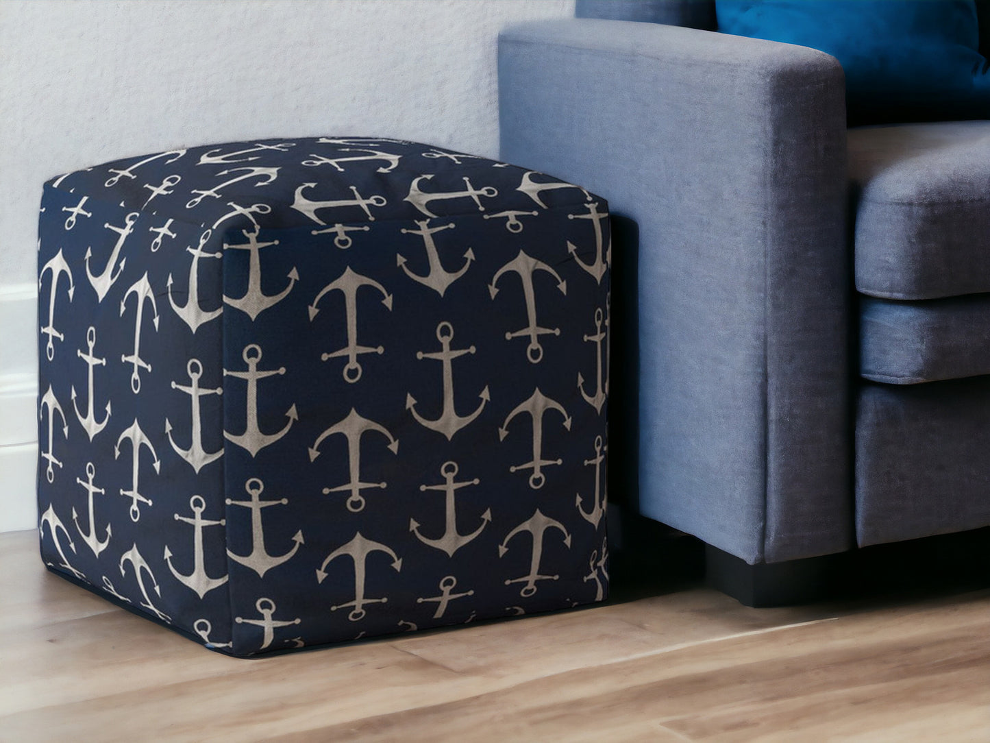 17" Blue and Gray Twill Anchor Pouf Ottoman