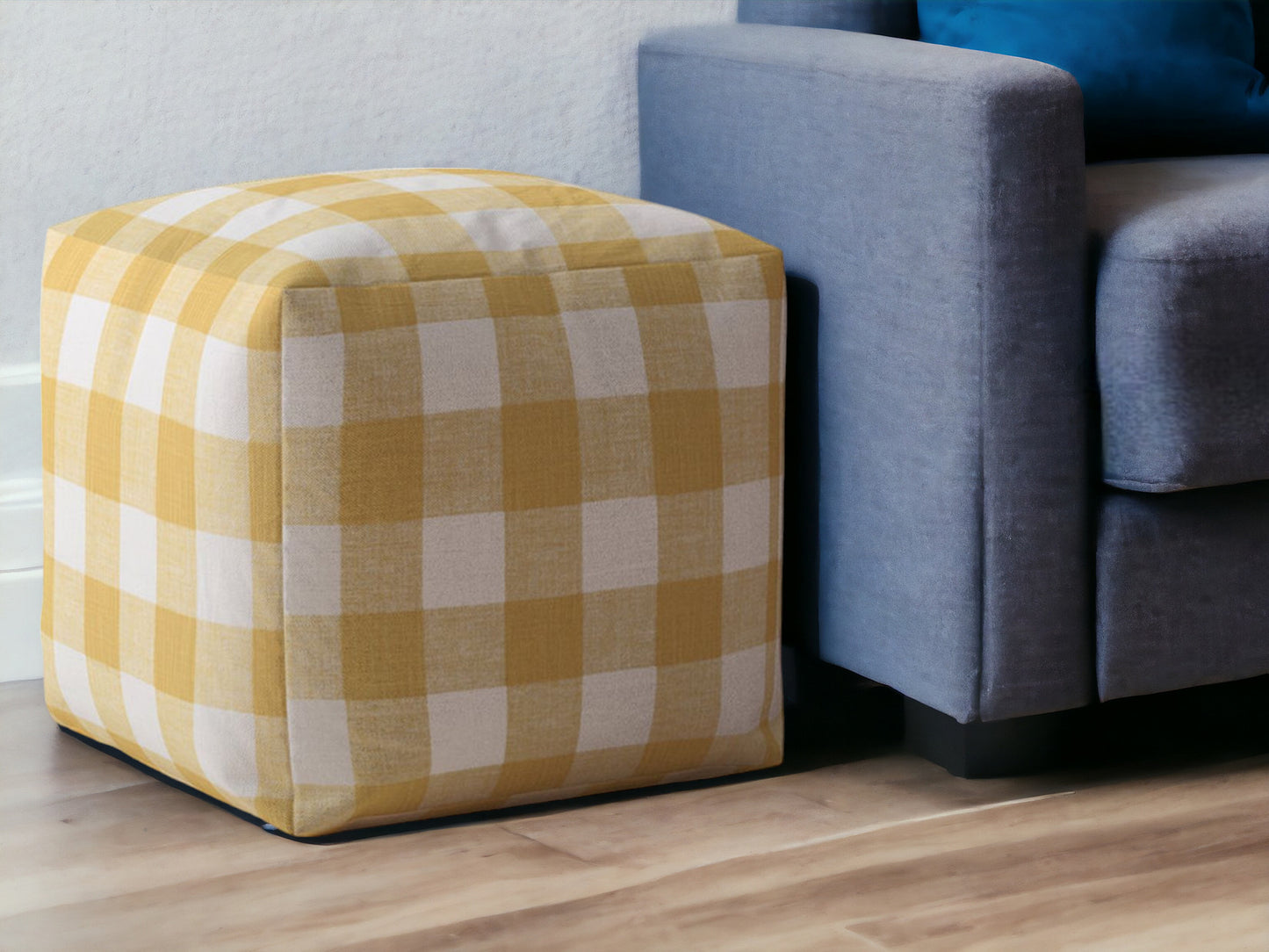 17" Yellow and White Canvas Gingham Pouf Ottoman