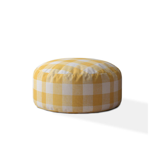 24" Yellow and White Canvas Round Gingham Pouf Ottoman