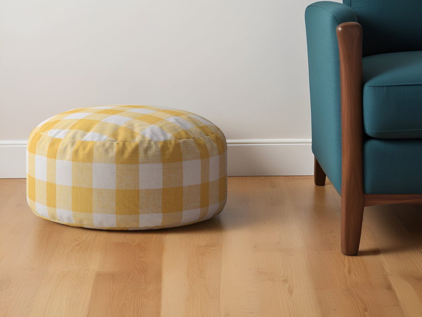 24" Yellow and White Canvas Round Gingham Pouf Ottoman