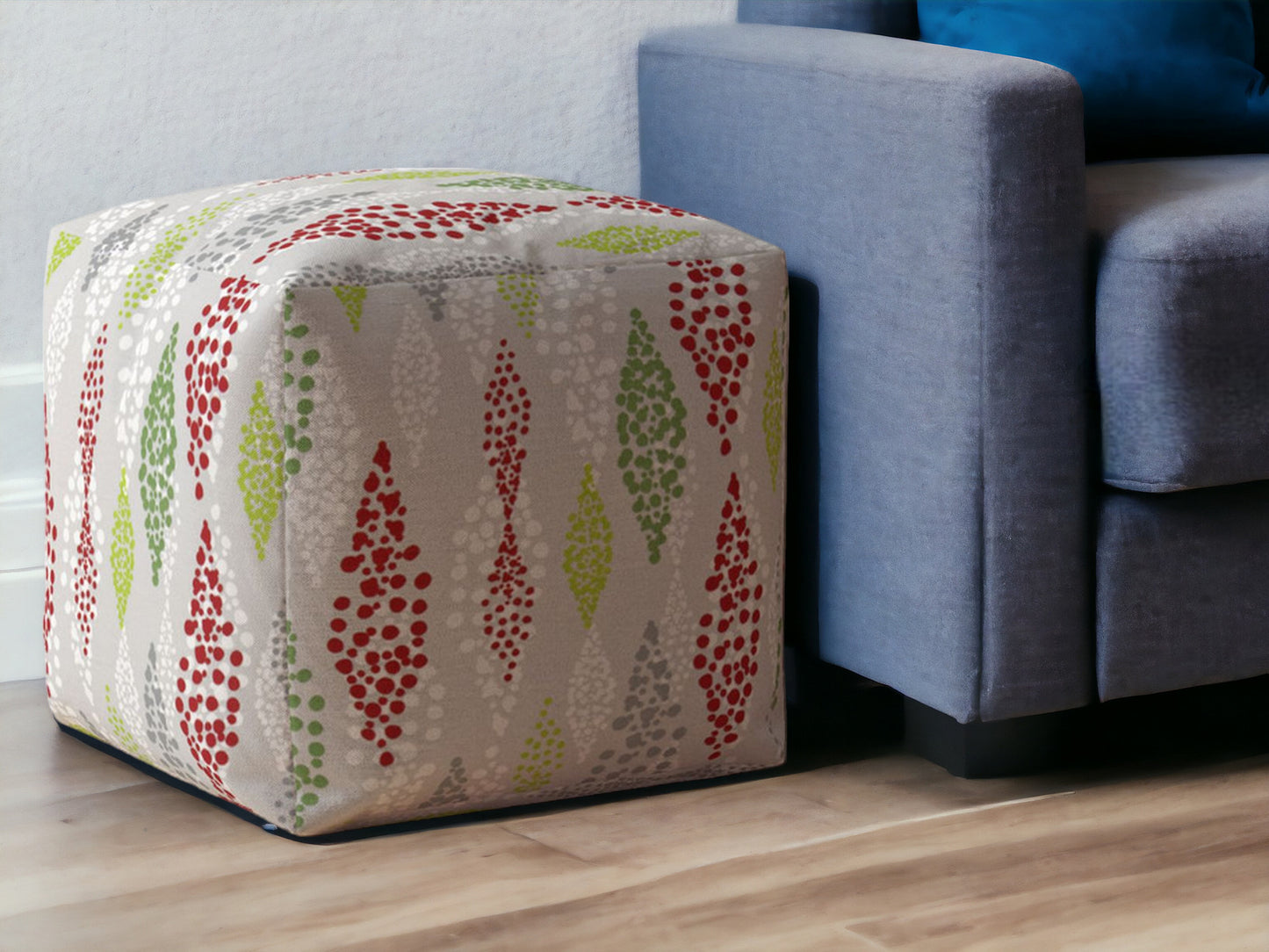 17" Ivory Cotton Polka Dots Pouf Ottoman