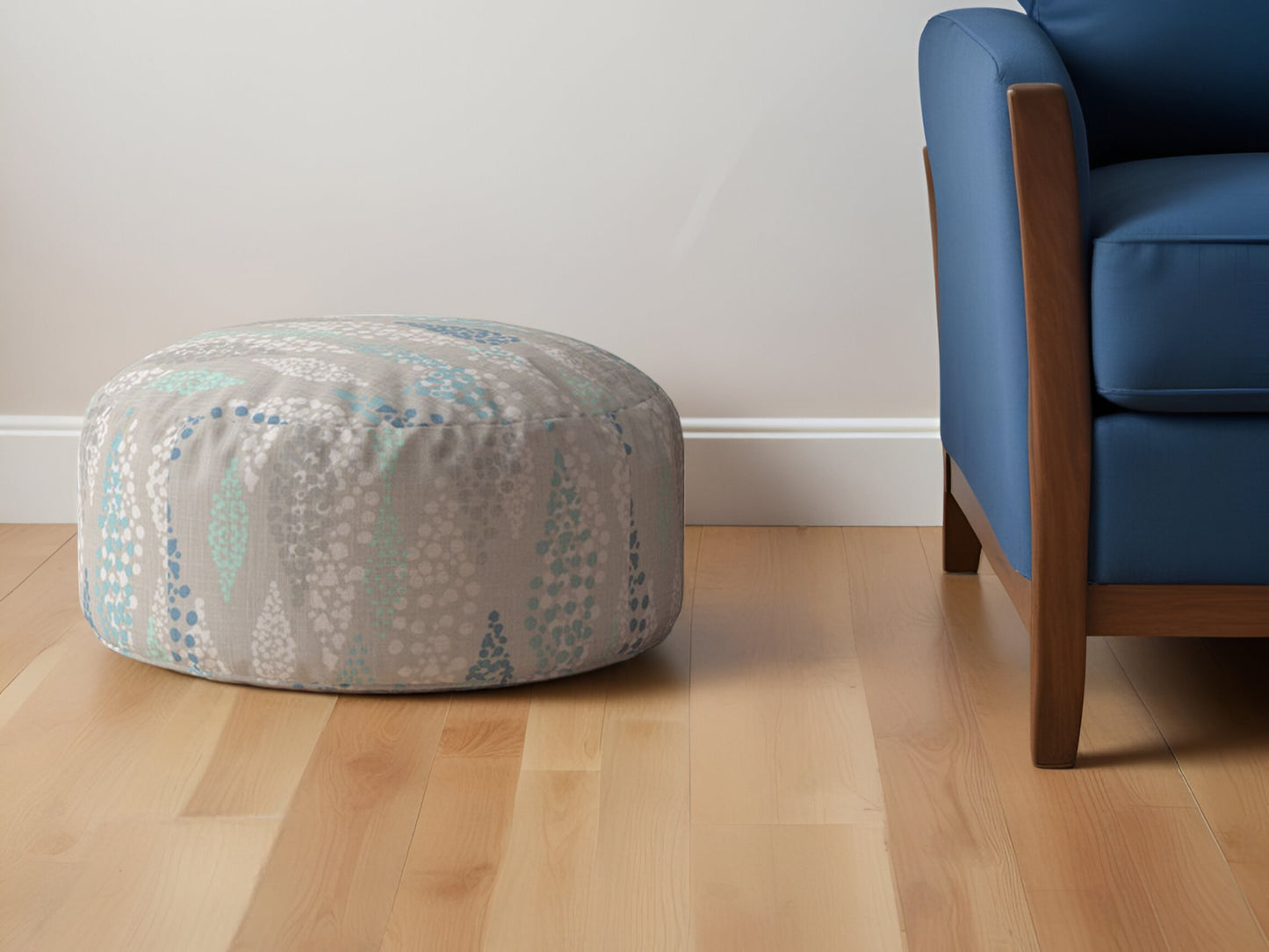 24" Ivory Canvas Round Polka Dots Pouf Ottoman