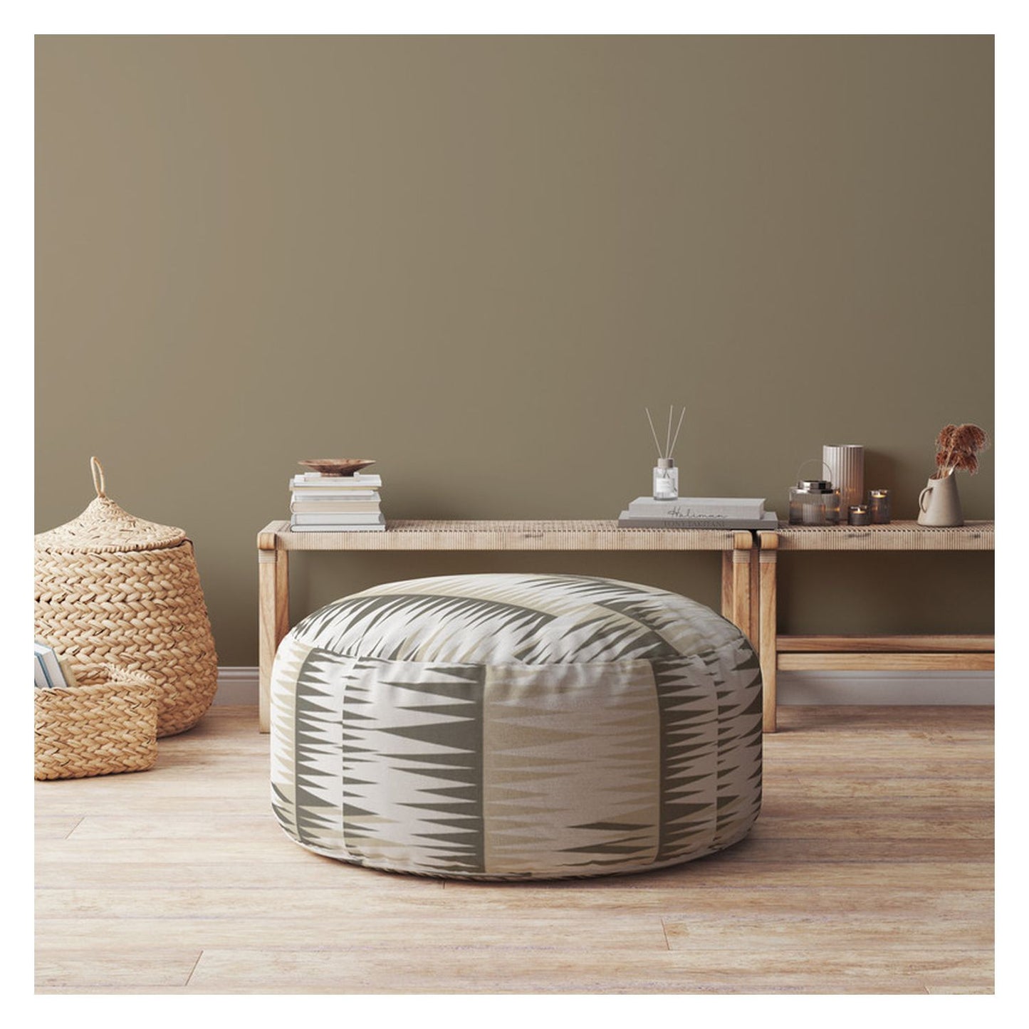 24" Beige Cotton Round Chevron Pouf Ottoman