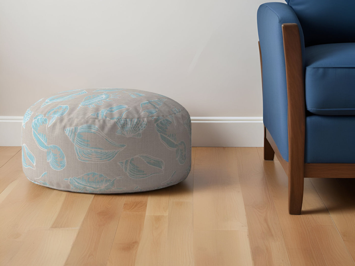 24" Blue Canvas Round Animal Print Pouf Ottoman