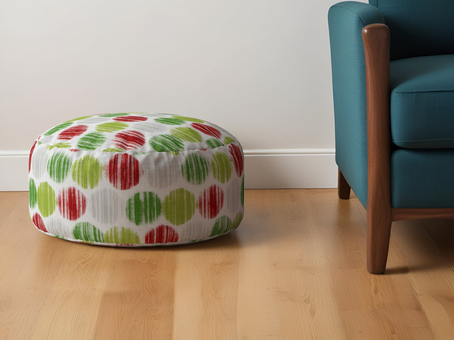 24" Green and White Cotton Round Polka Dots Pouf Ottoman