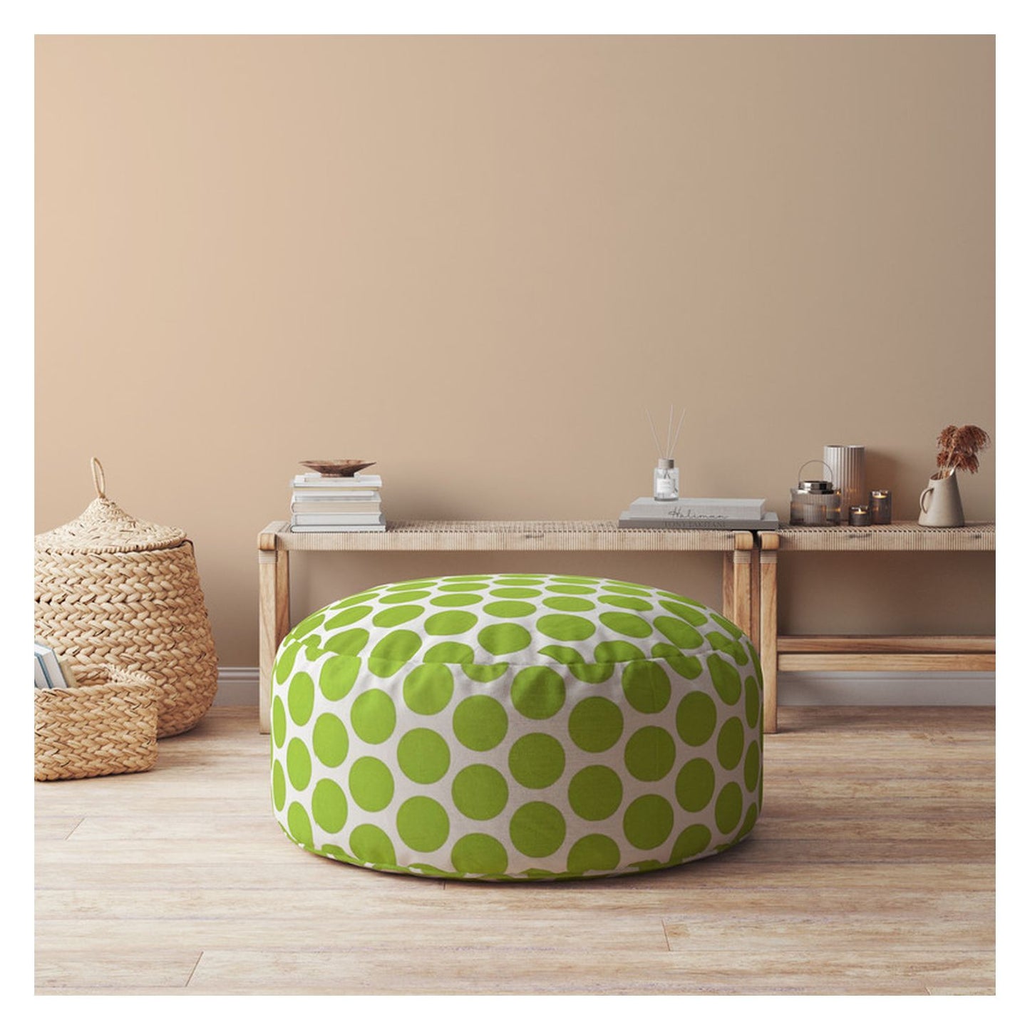 24" Green and White Cotton Round Polka Dots Pouf Ottoman