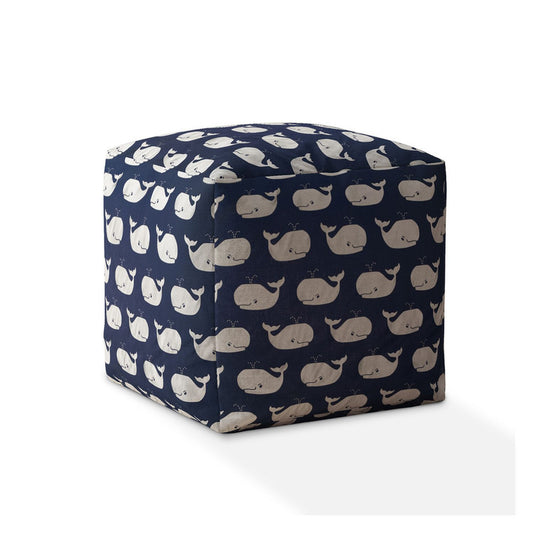 17" Blue and White Twill Animal Print Pouf Ottoman