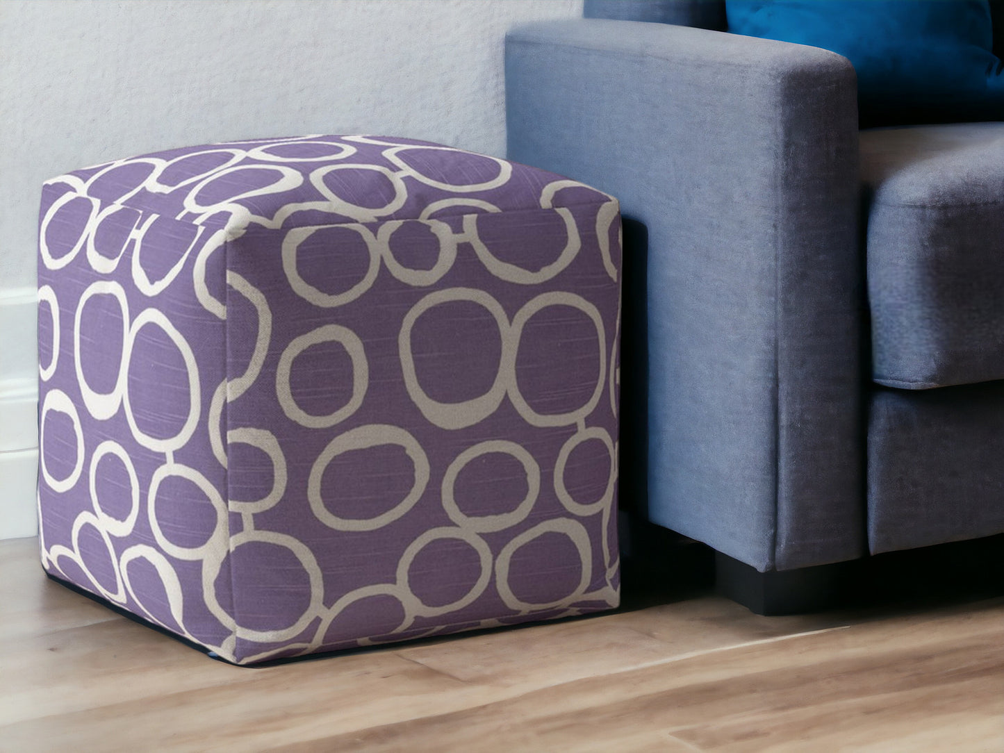 17" Purple and White Cotton Abstract Pouf Ottoman