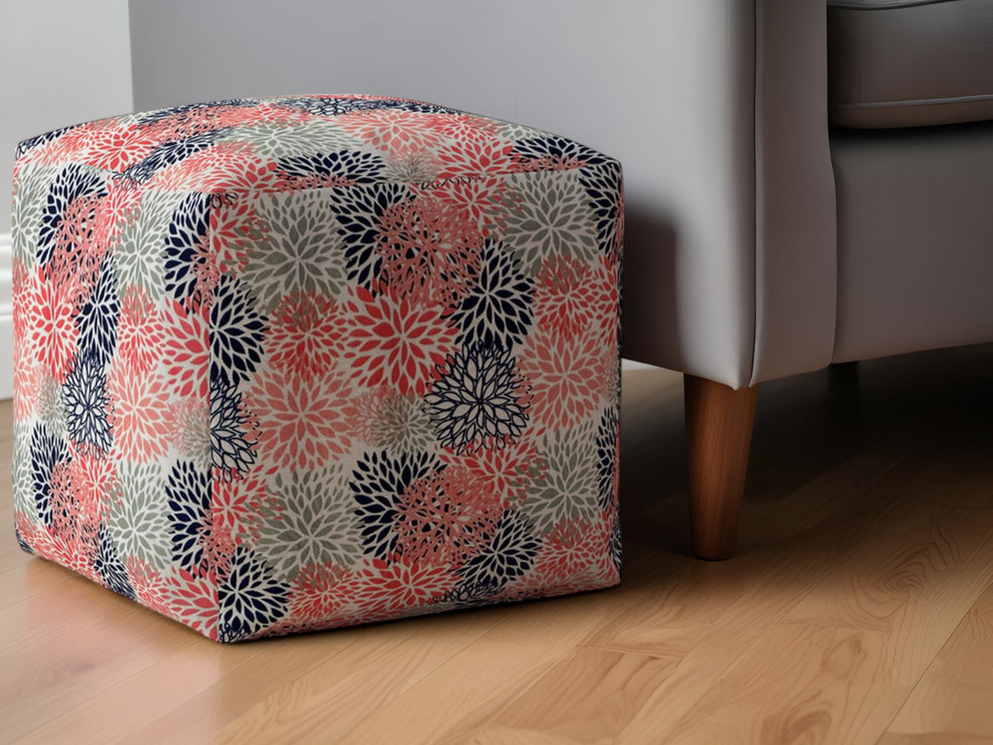 17" Coral Polyester Floral Pouf Ottoman