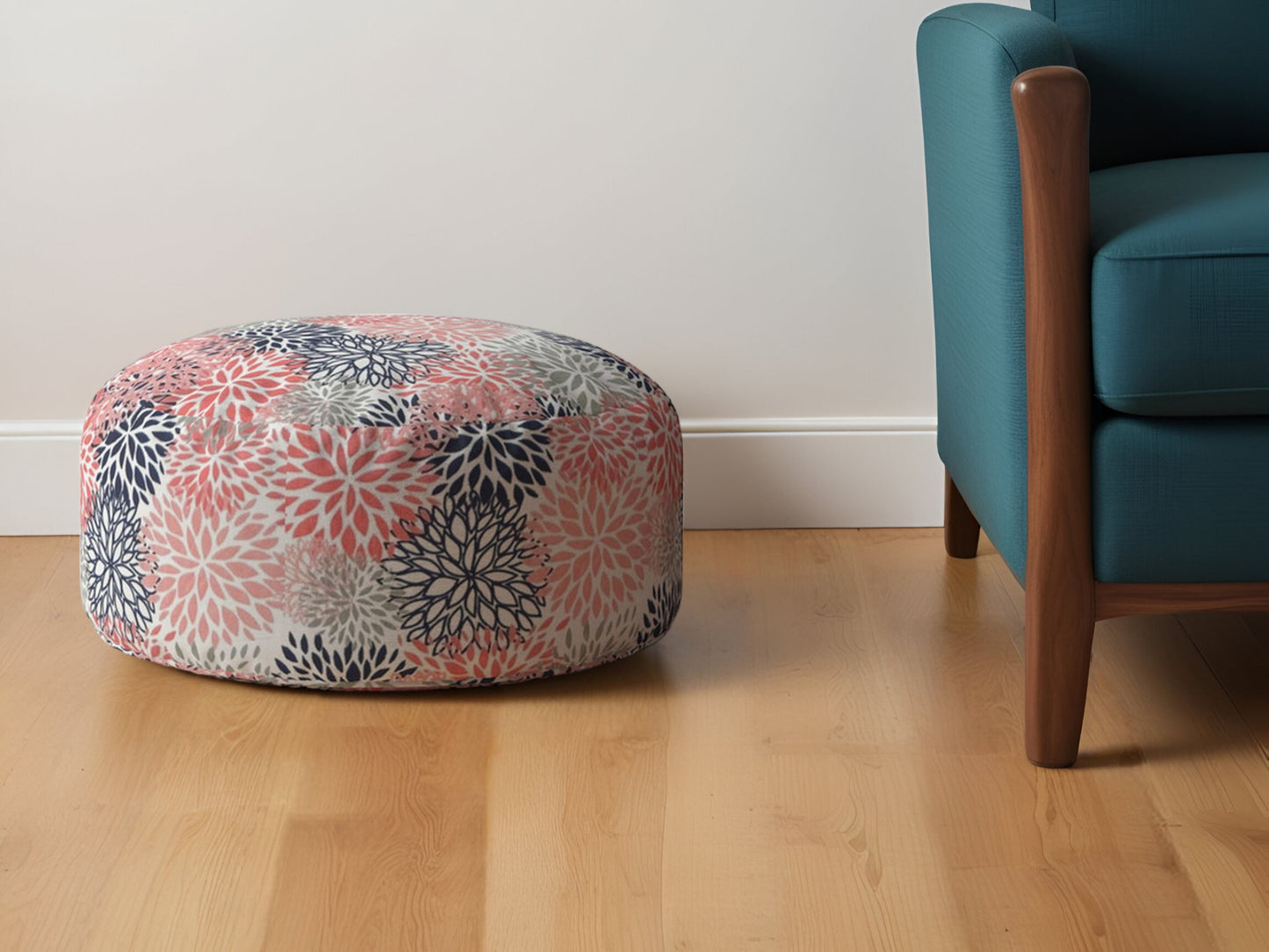 24" Coral Polyester Round Floral Pouf Ottoman