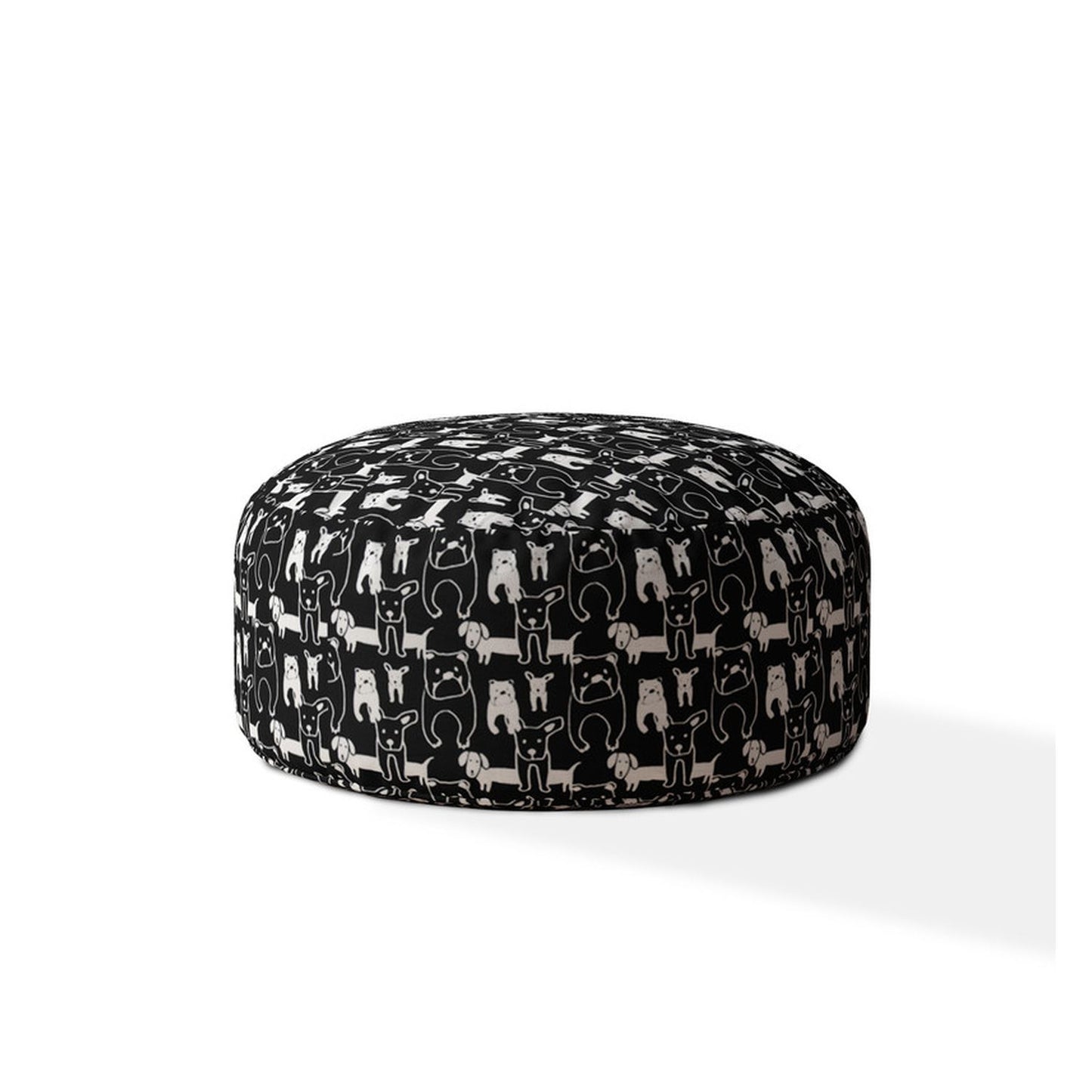 24" Black Cotton Round Animal Print Pouf Ottoman