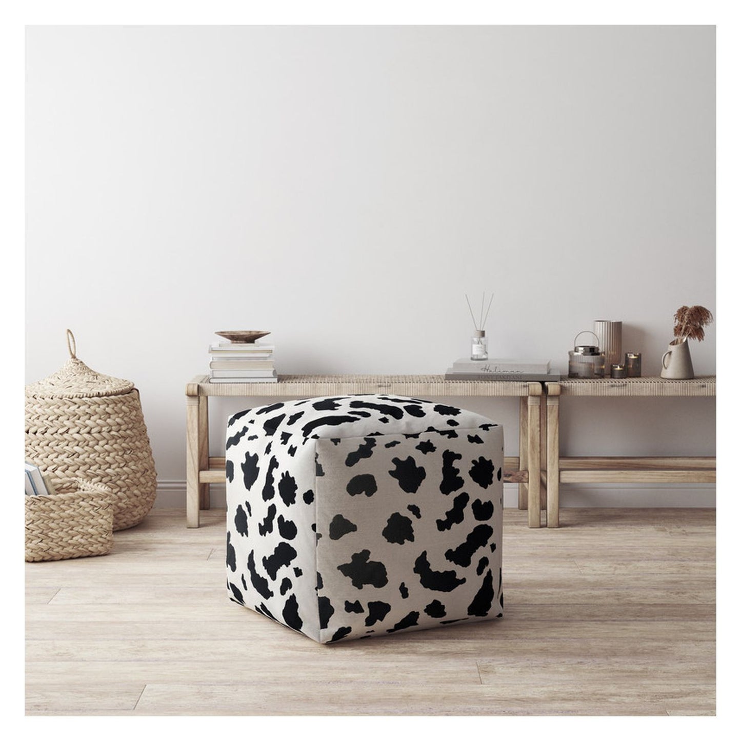 17" Black and White Twill Cow Print Pouf Ottoman