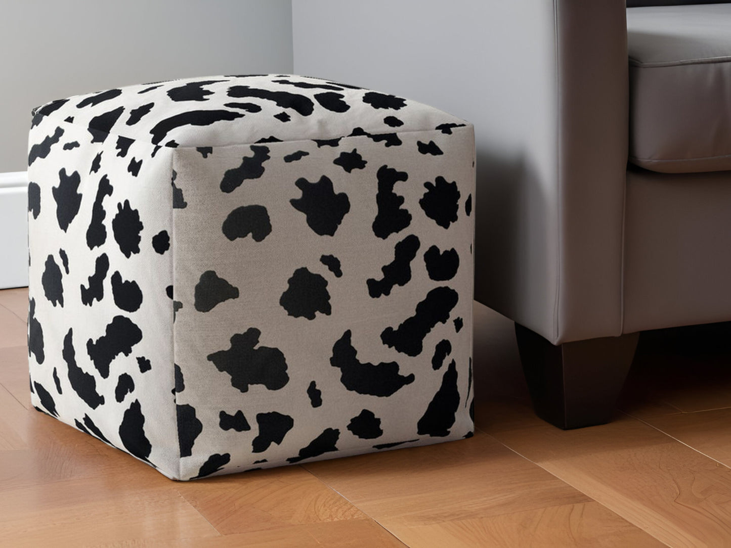 17" Black and White Twill Cow Print Pouf Ottoman