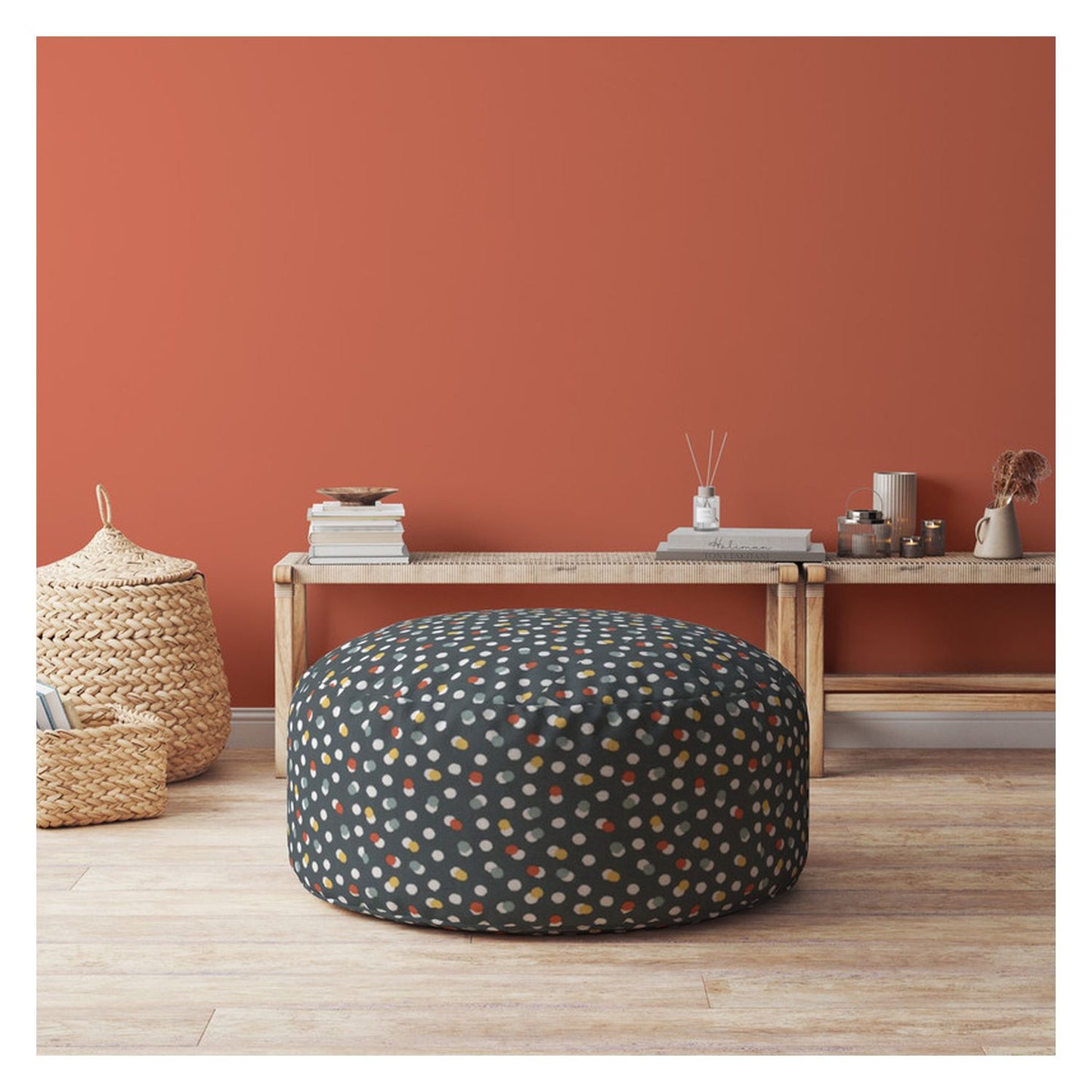 24" Blue Cotton Round Floral Pouf Ottoman