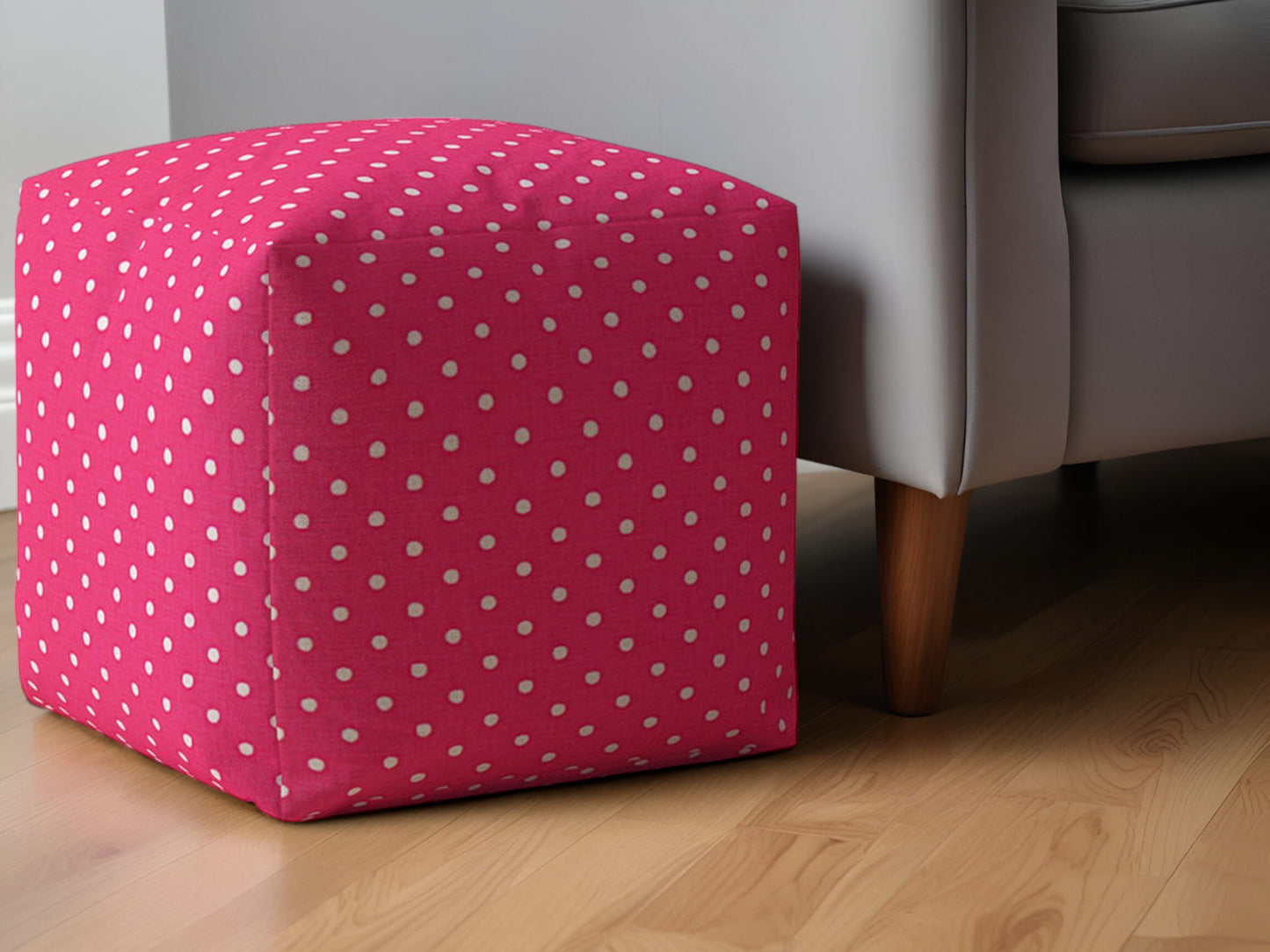 17" Pink Cotton Polka Dots Pouf Ottoman