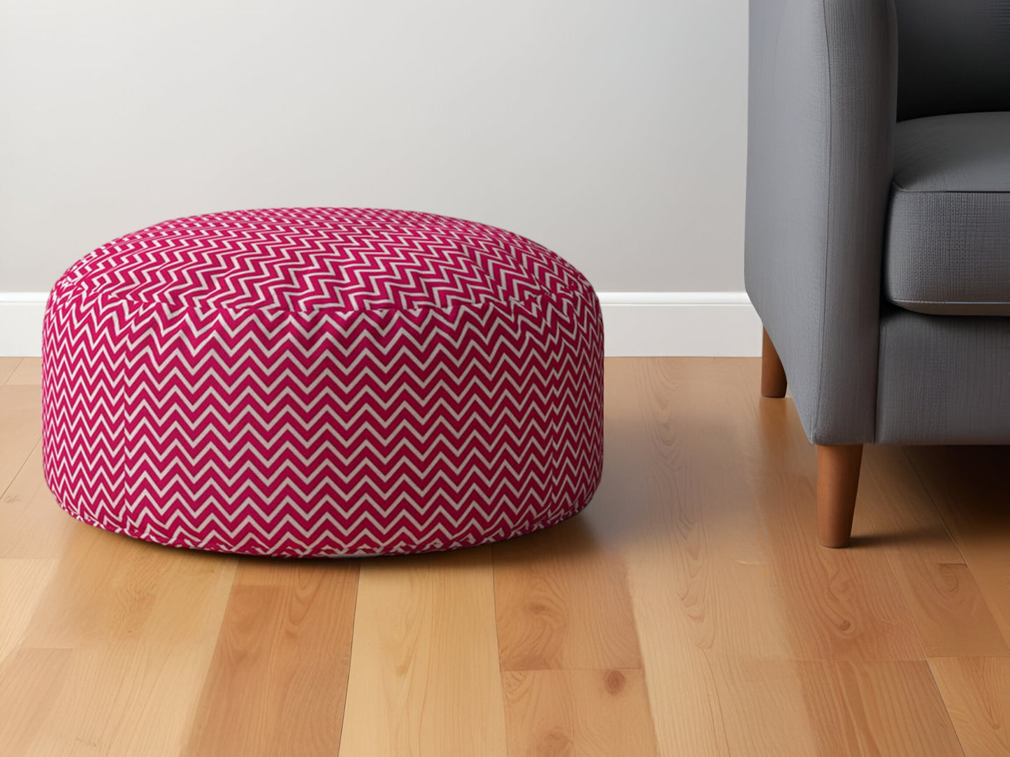 24" Pink Cotton Round Chevron Pouf Ottoman