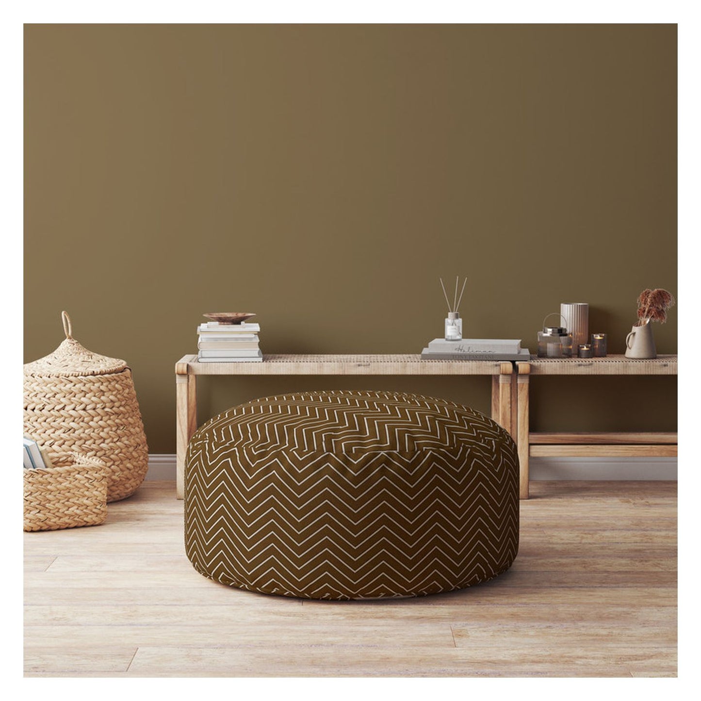 24" Brown Cotton Round Chevron Pouf Ottoman