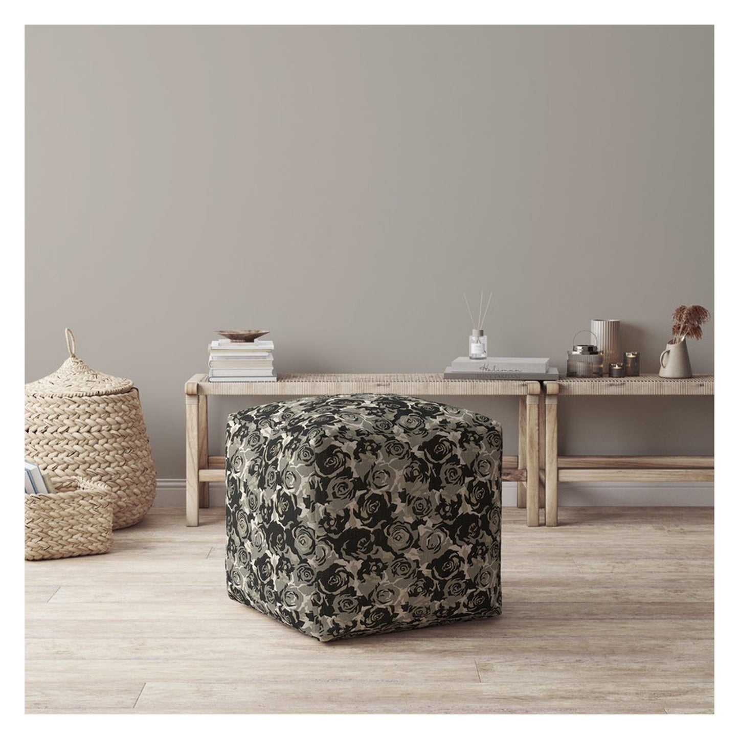 17" Beige Canvas Floral Pouf Ottoman