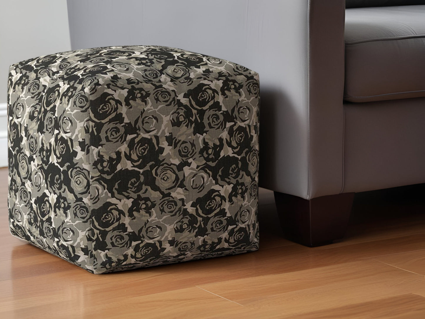 17" Beige Canvas Floral Pouf Ottoman