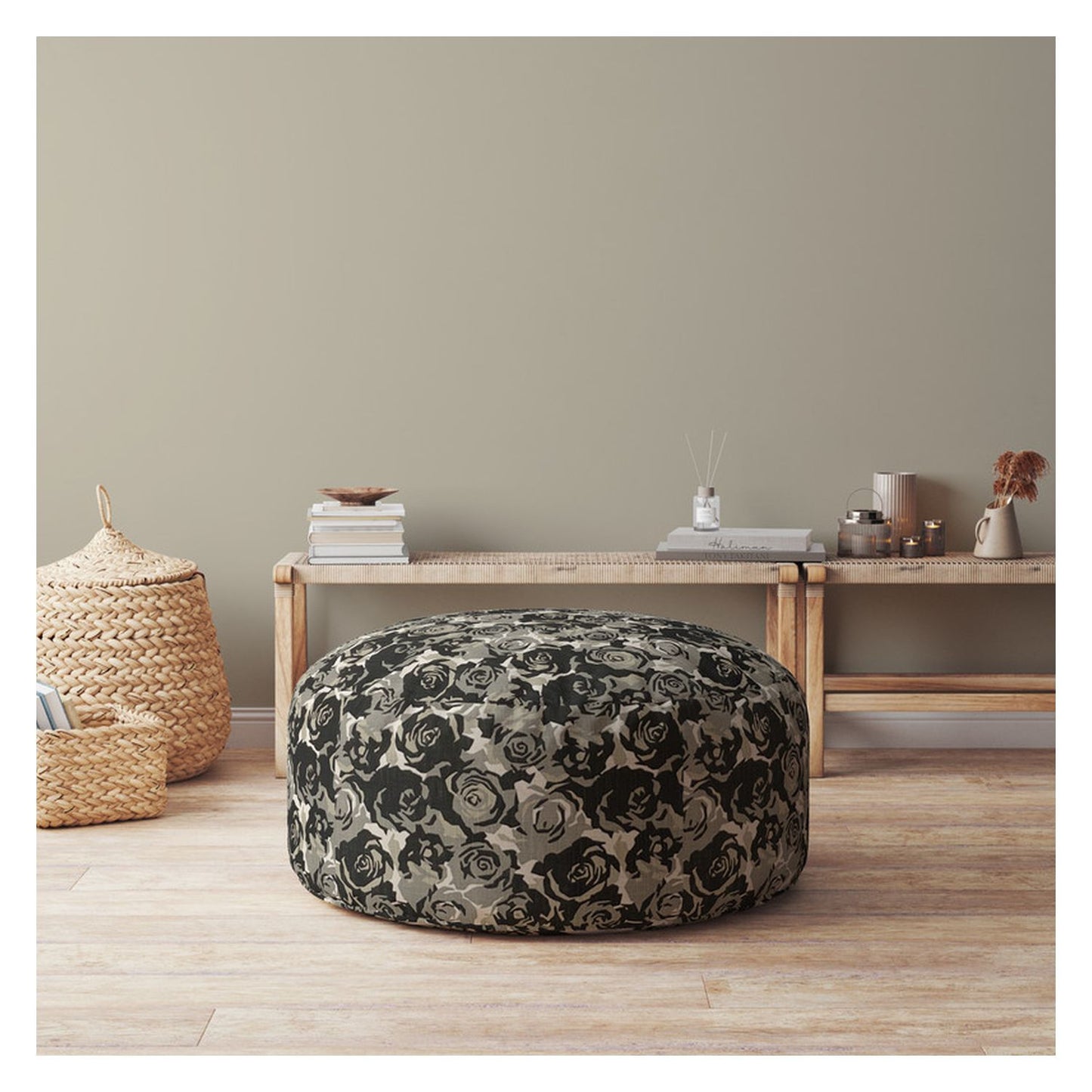 24" Beige Canvas Round Floral Pouf Ottoman