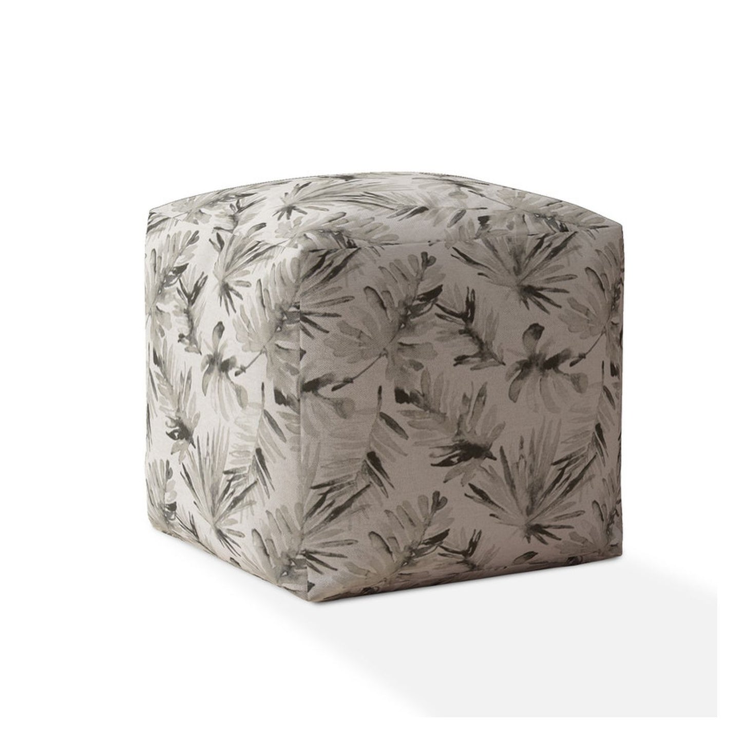 17" Beige Cotton Floral Pouf Ottoman