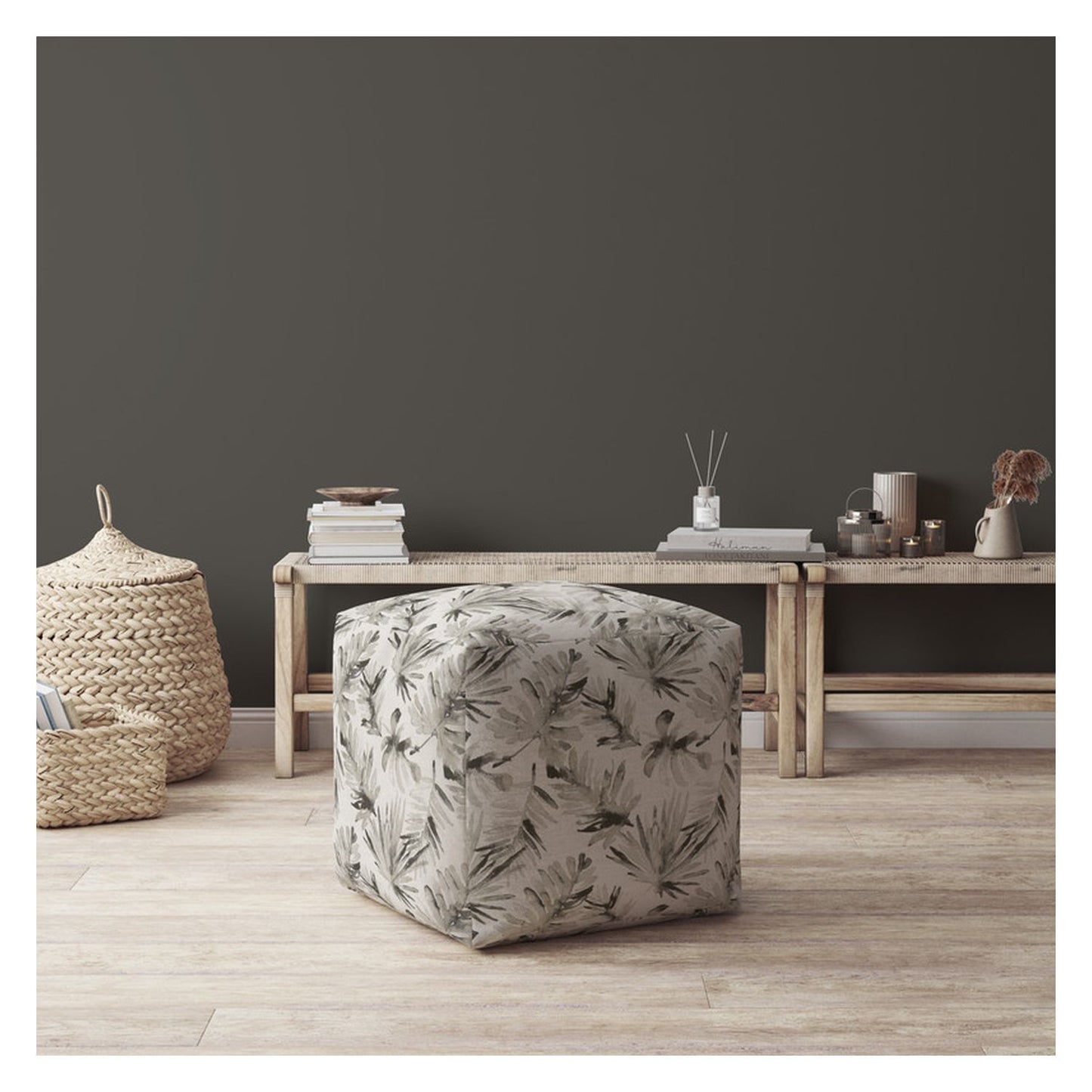 17" Beige Cotton Floral Pouf Ottoman