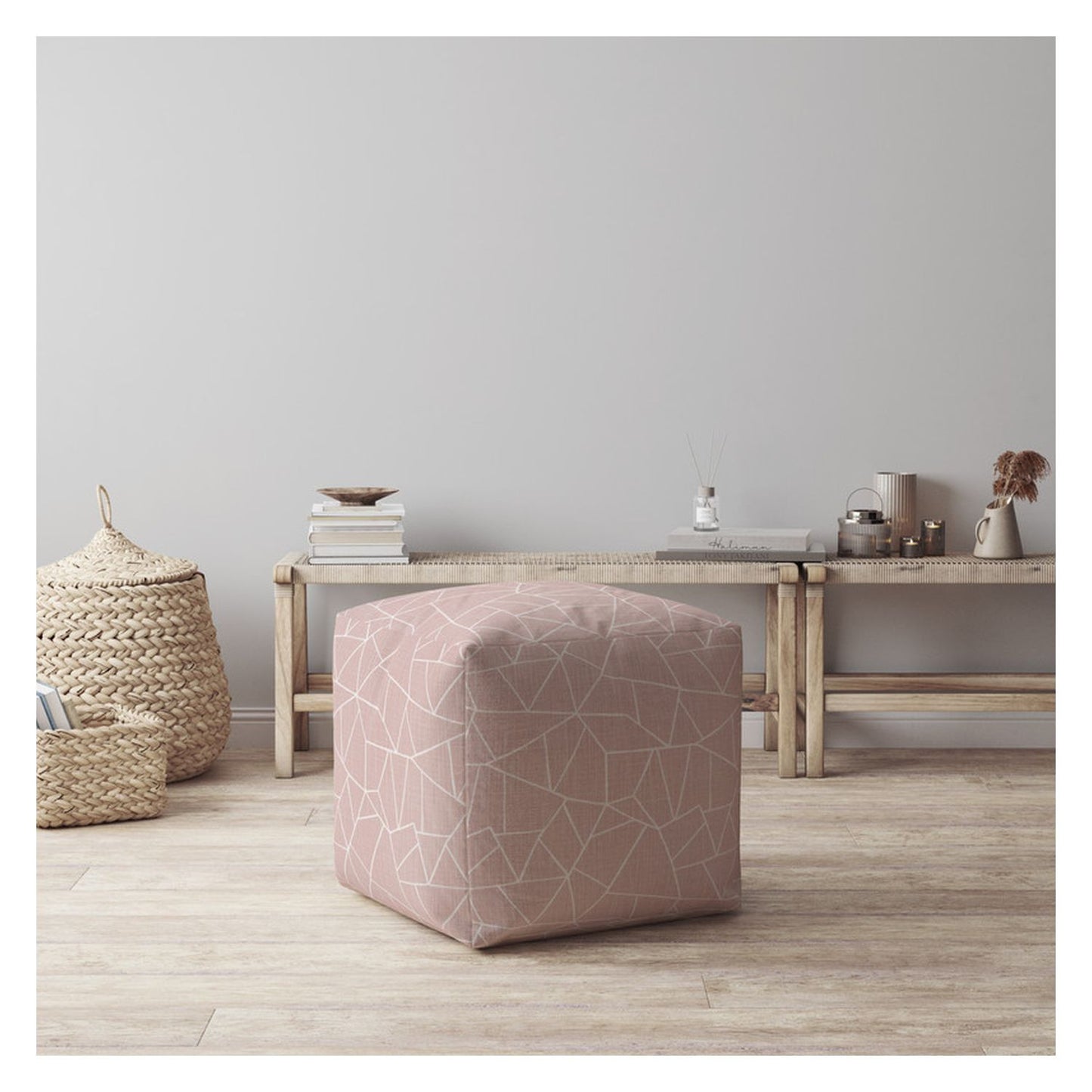 17" Pink Canvas Geometric Pouf Ottoman