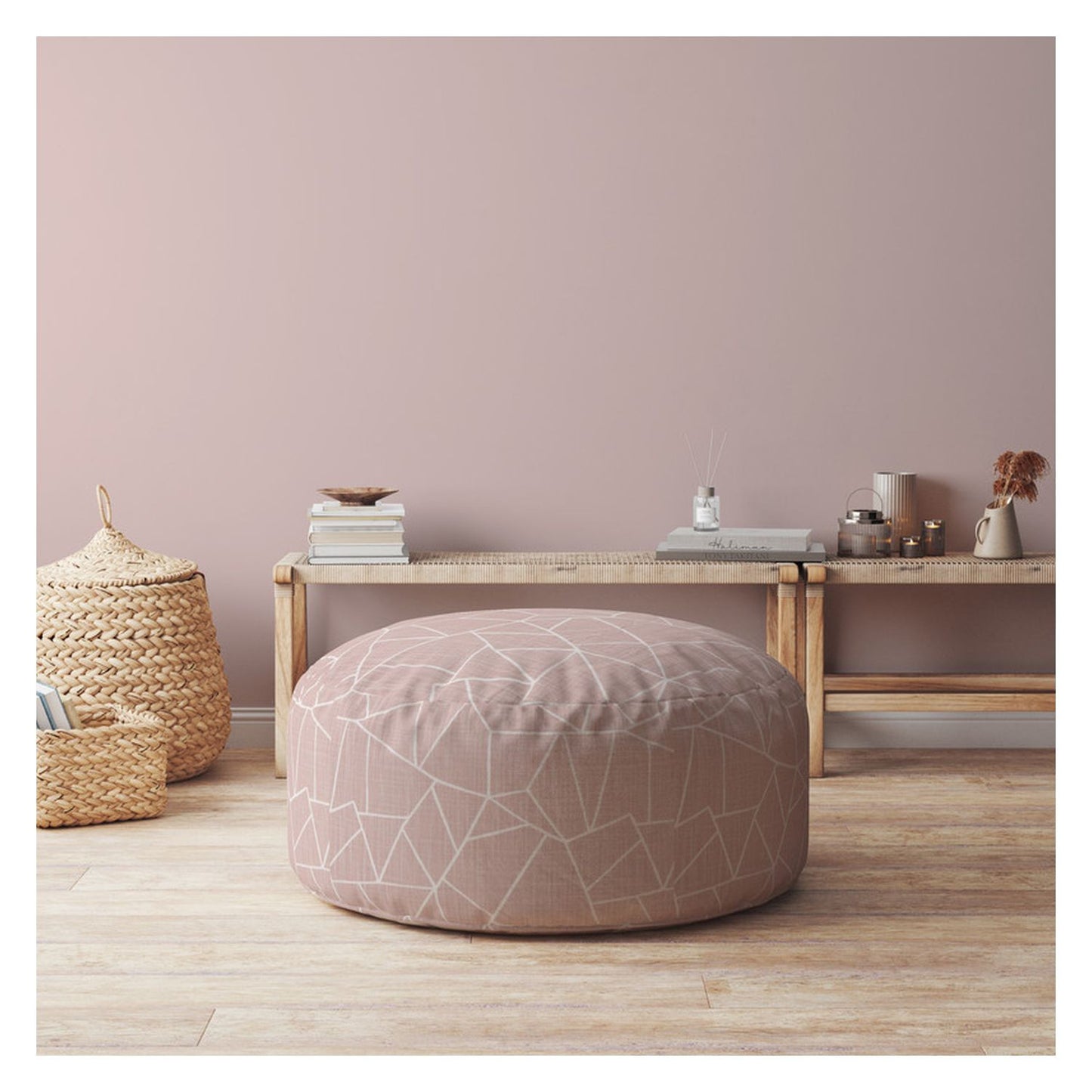 24" Pink Canvas Round Geometric Pouf Ottoman