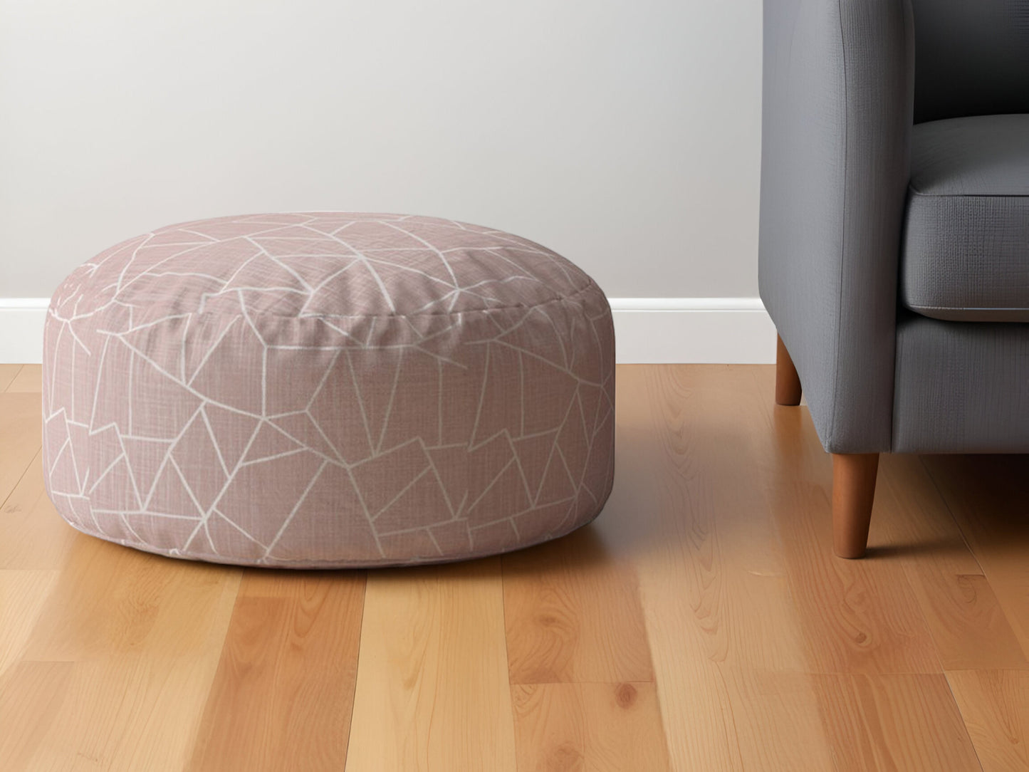 24" Pink Canvas Round Geometric Pouf Ottoman