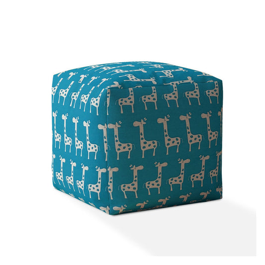 17" Blue and White Cotton Giraffe Pouf Ottoman