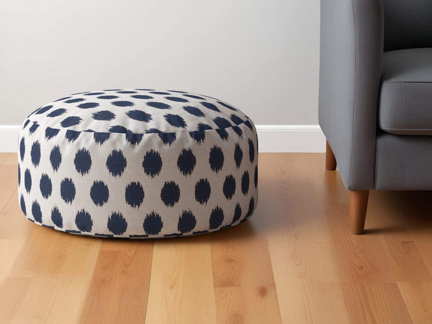 24" Blue and White Canvas Round Polka Dots Pouf Ottoman