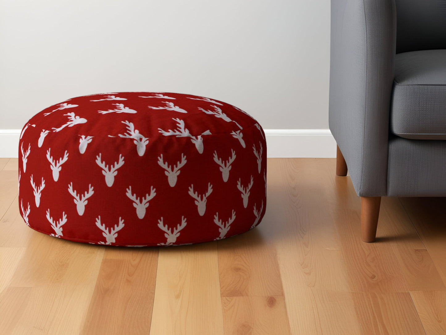 24" Red and White Cotton Round Stag Pouf Ottoman