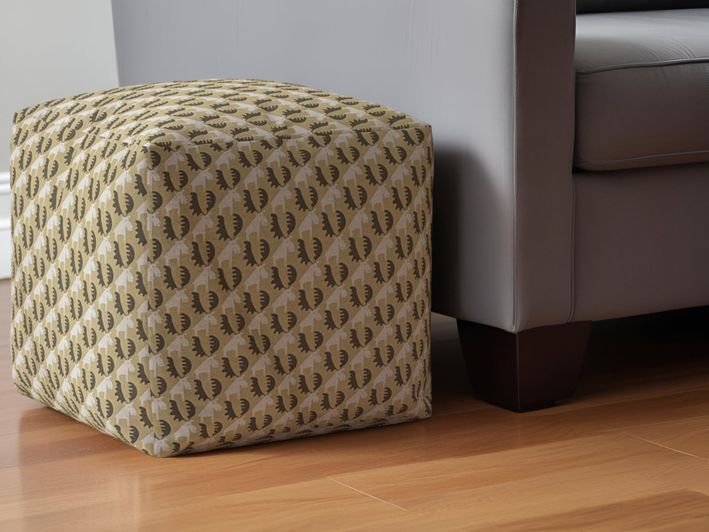 17" Beige Cotton Animal Print Pouf Ottoman