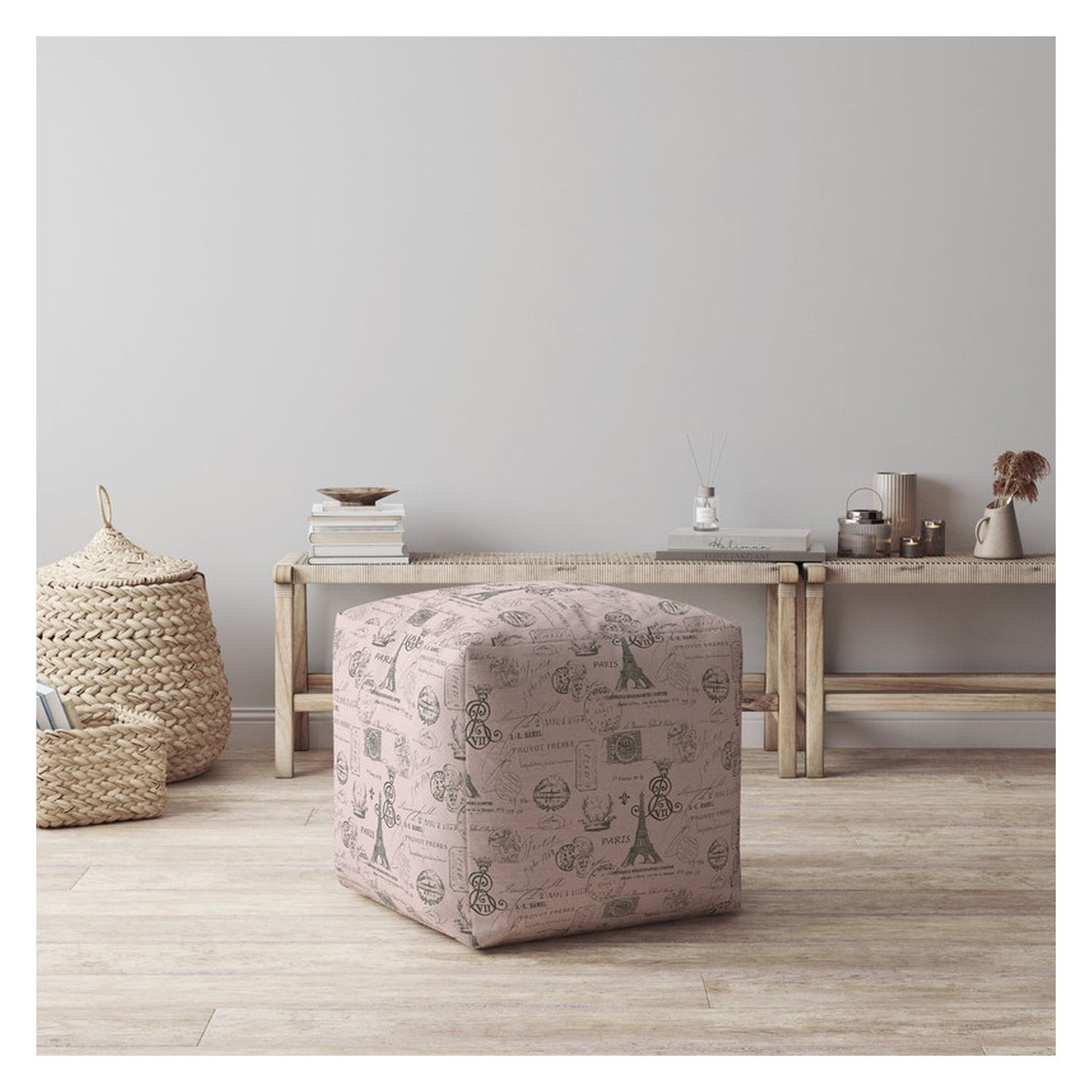 17" Gray Twill Paris Pouf Ottoman