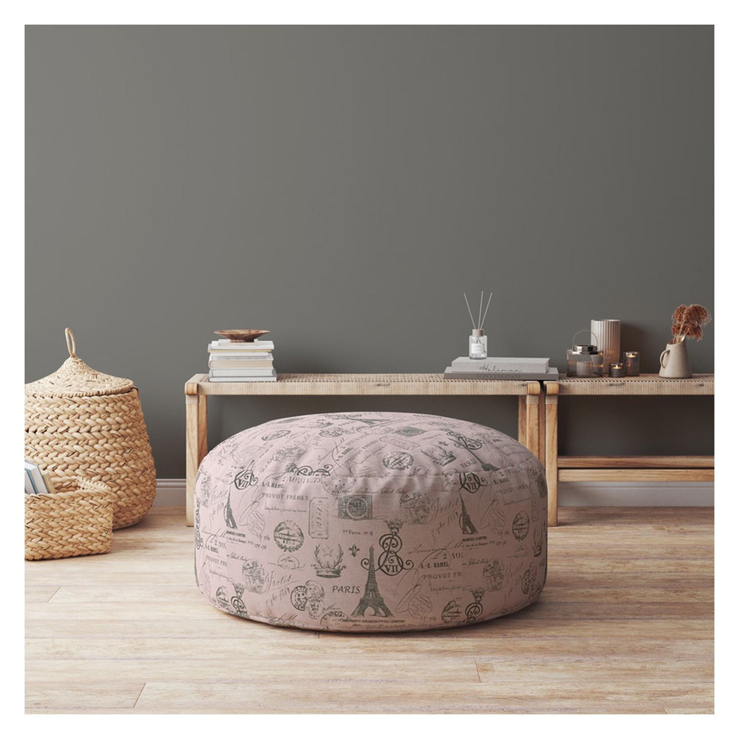 24" Gray Twill Round Paris Pouf Ottoman