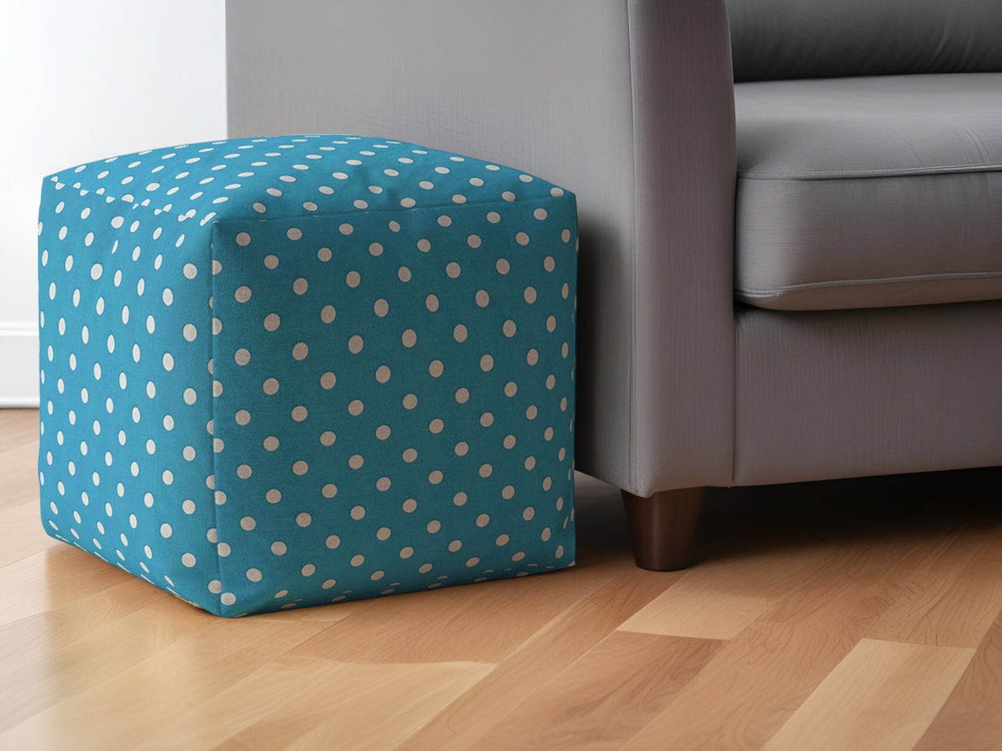 17" Blue Cotton Polka Dots Pouf Ottoman