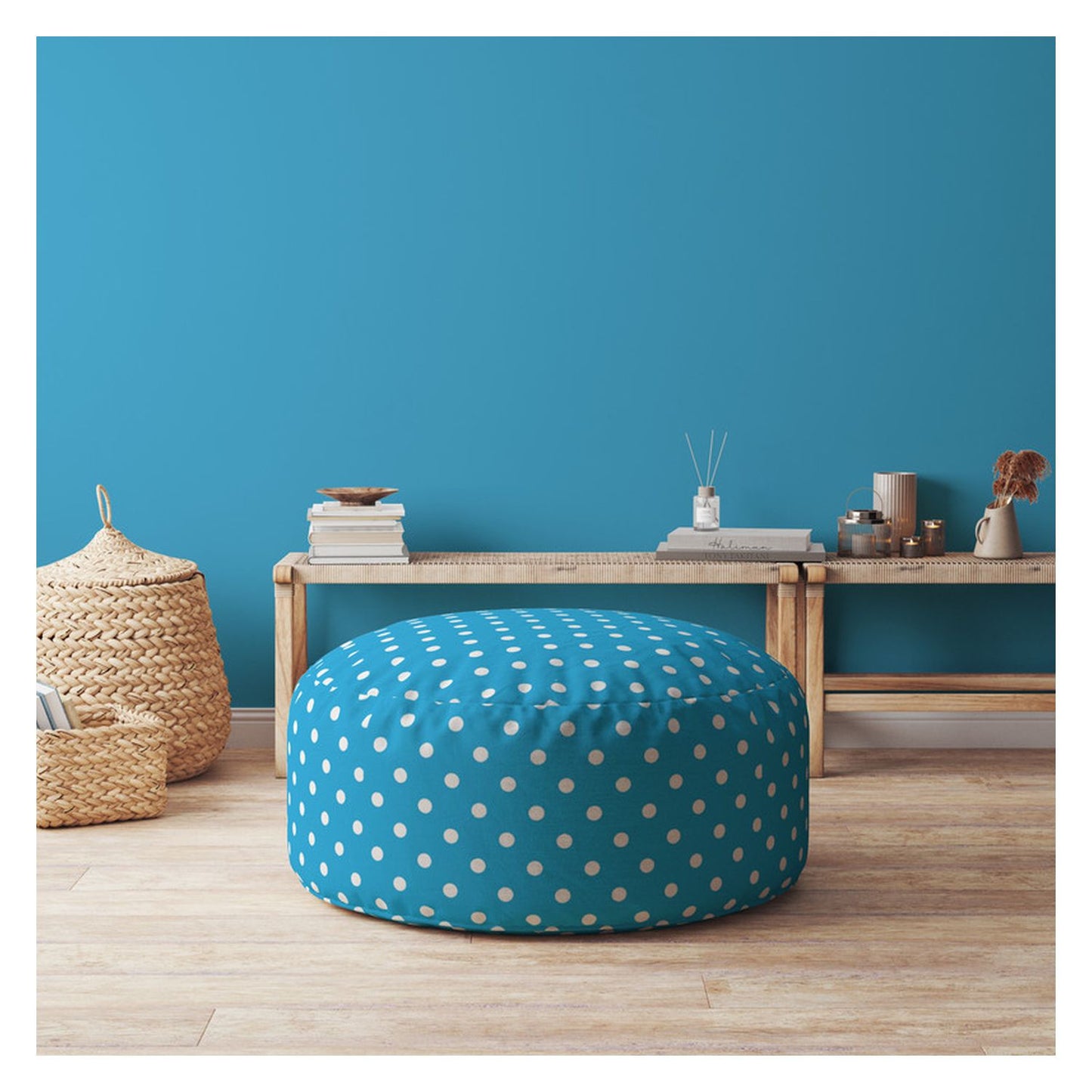 24" Blue Cotton Round Polka Dots Pouf Ottoman