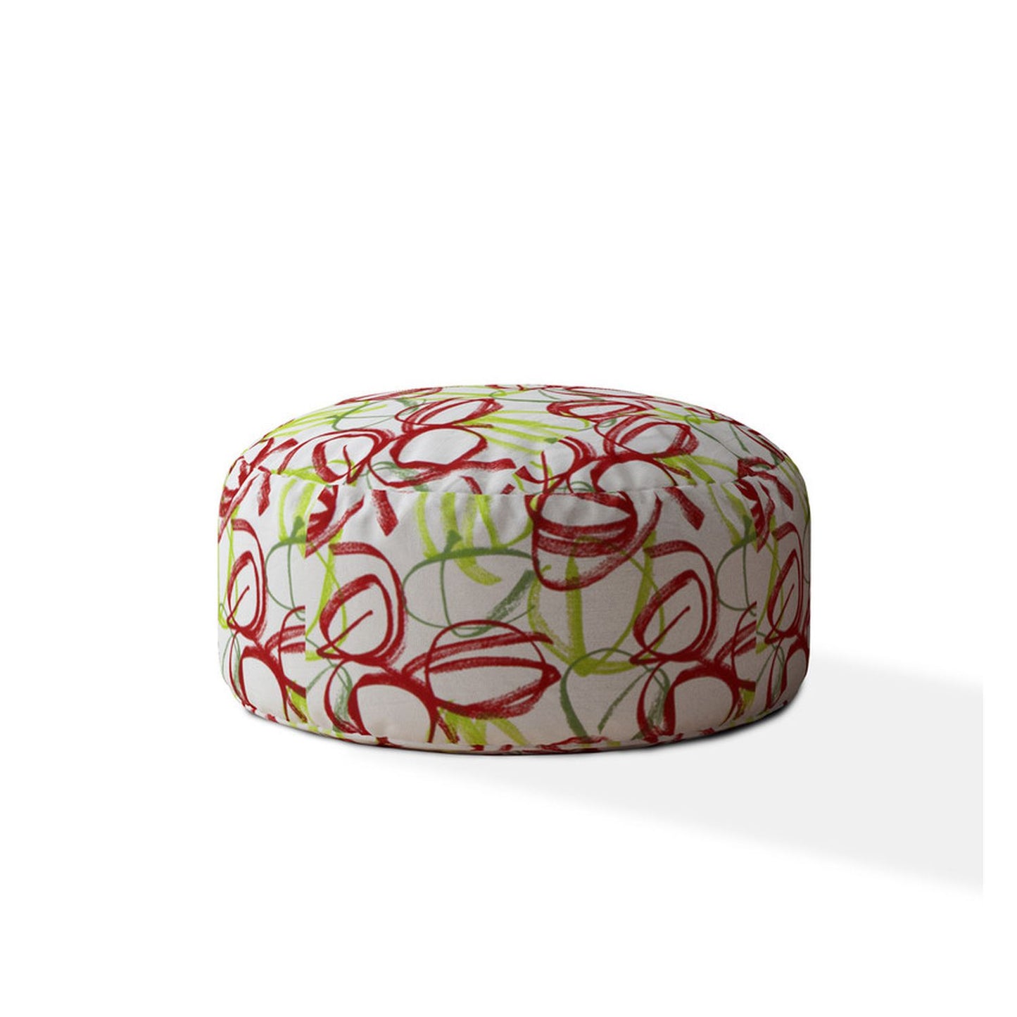 24" Red and White Cotton Round Abstract Pouf Ottoman