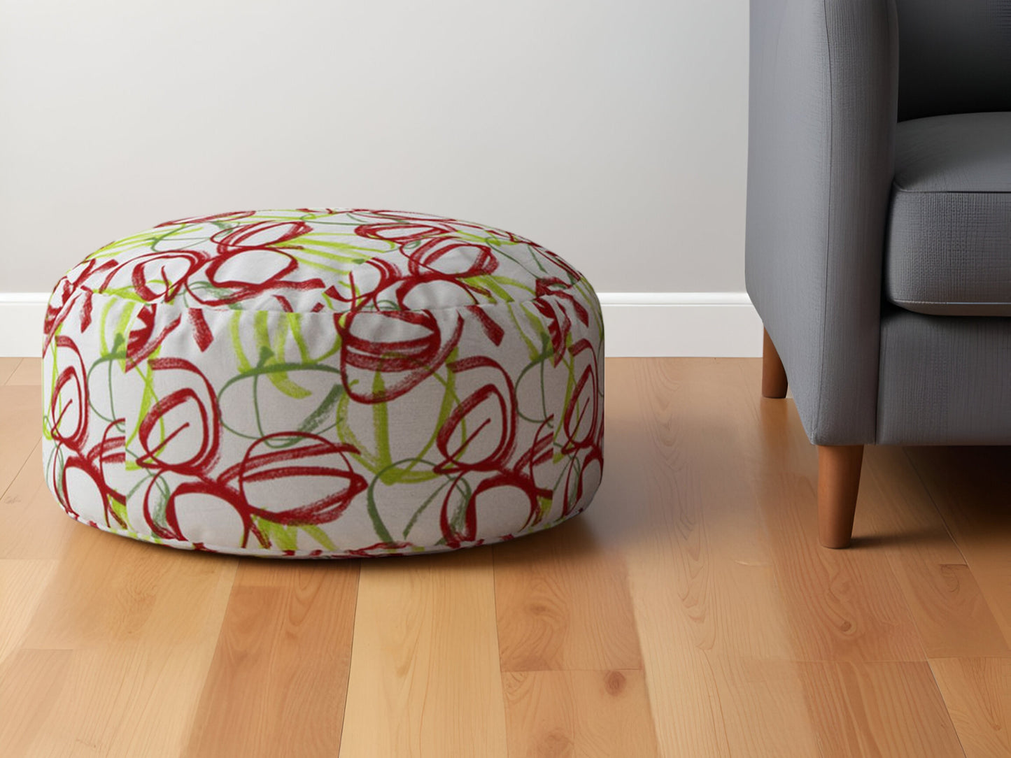 24" Red and White Cotton Round Abstract Pouf Ottoman