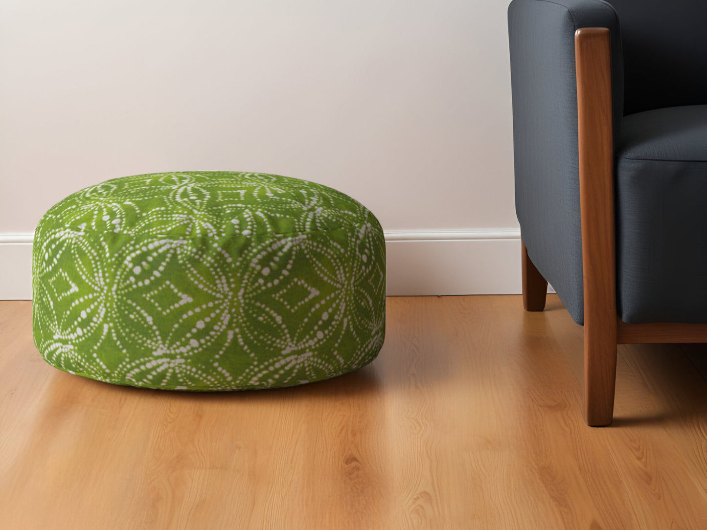 24" Green and White Cotton Round Damask Pouf Ottoman