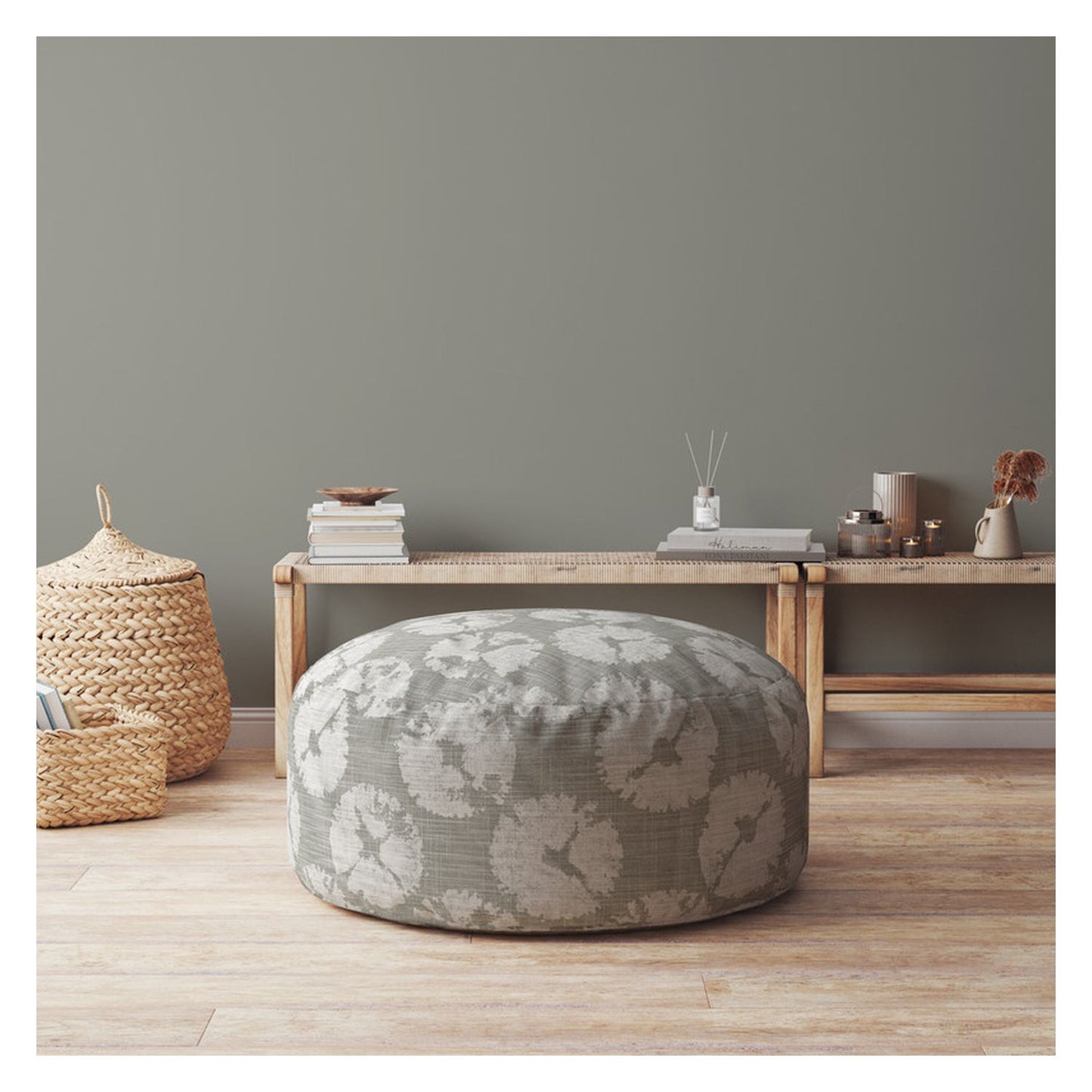 24" Gray Canvas Round Floral Pouf Ottoman