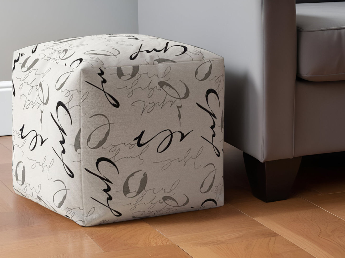 17" White and Gray Polyester Abstract Pouf Ottoman